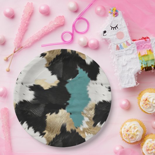 Türkisgoldfarben, Schwarz-weiße Cowhid Pappteller (Party)