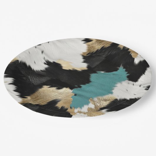 Türkisgoldfarben, Schwarz-weiße Cowhid Pappteller (Schrägansicht)