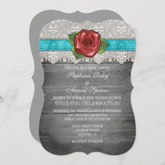 Türkisgraue Rustikale Rose Hochzeit einladen Einladung (Vorne/Hinten)