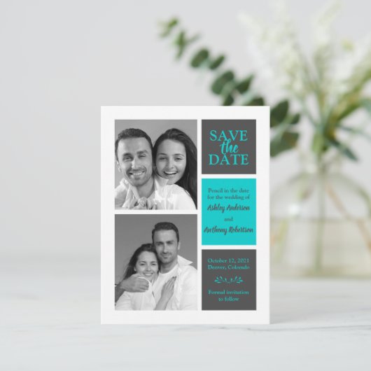 TürkisGray Minimalistisch Modernes Foto Retten Dat Ankündigung (Stehend Vorderseite)