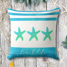 Türkisgrün 3 Seesterne Strandlebensschrift fett Kissen