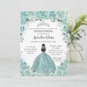 Türkisgrüne BlumenPrinzessin Silver Quinceañera Einladung (Stehend Vorderseite)
