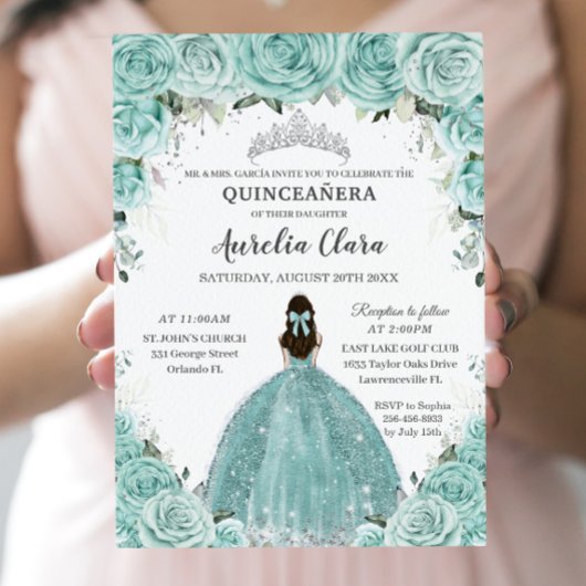 Türkisgrüne BlumenPrinzessin Silver Quinceañera Einladung