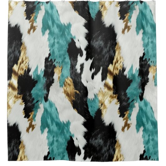 Türkisgrüne goldfarbene Schwarz-weiße Kuhide Duschvorhang (Vorderseite)