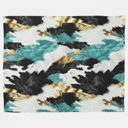 Türkisgrüne goldfarbene Schwarz-weiße Kuhide Fleecedecke (Vorderseite (Horizontal))