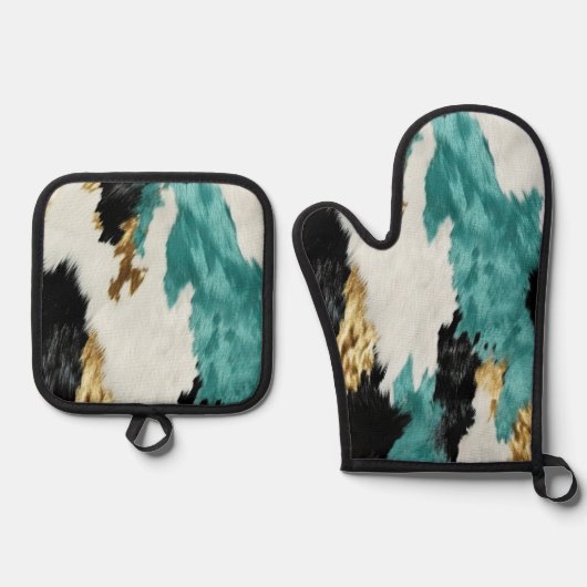 Türkisgrüne goldfarbene Schwarz-weiße Kuhide Ofenhandschuh & Topflappen-Set (Vorderseite)