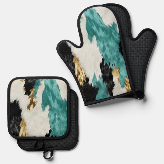 Türkisgrüne goldfarbene Schwarz-weiße Kuhide Ofenhandschuh & Topflappen-Set (Vorderseite/Rückseite)