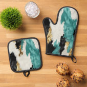 Türkisgrüne goldfarbene Schwarz-weiße Kuhide Ofenhandschuh & Topflappen-Set (Oben Unten)