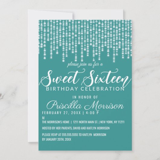 Türkisgrüne Hanging Diamond Lights Sweet 16 Einladung (Vorderseite)