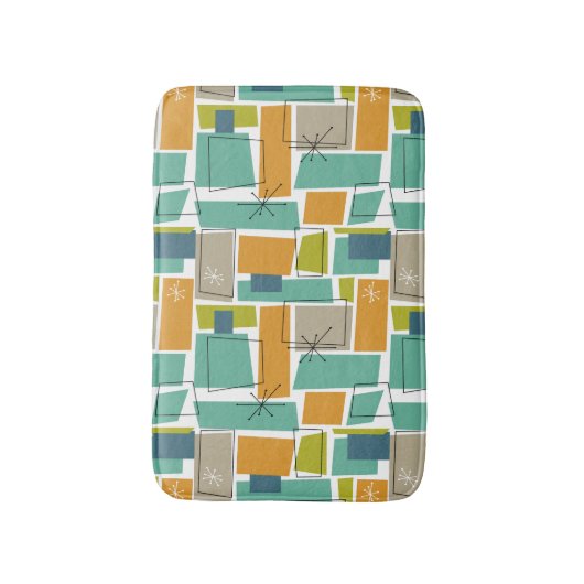 Türkisgrüne Orange Funky Squares Mitte Jahrhundert Badematte (Vorderseite Vertikal)