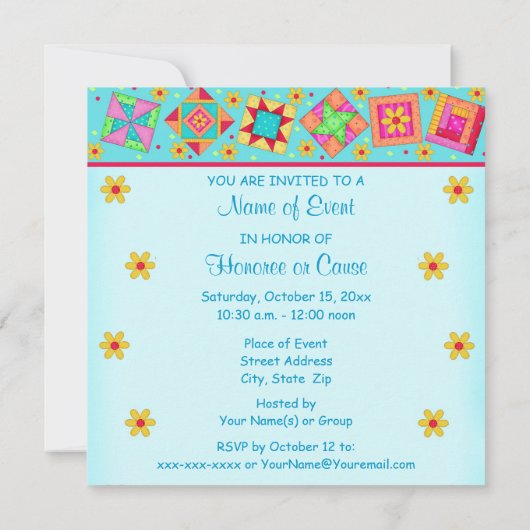 Türkisgrüne Patchwork Quilt Block Art Einladung (Rückseite)