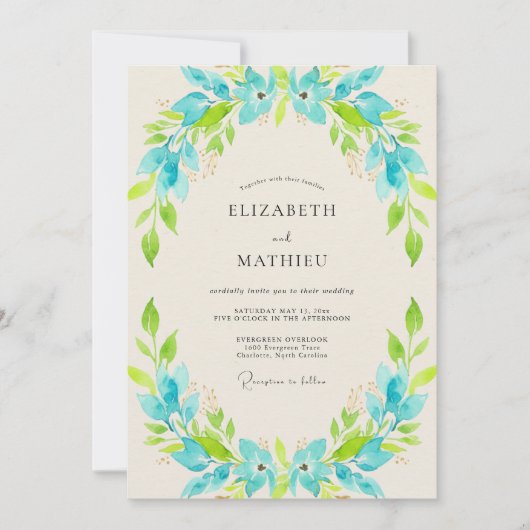 Türkisgrüner Kranz Hochzeit Einladung (Vorderseite)