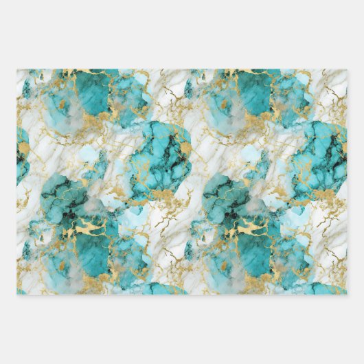 Türkisgrüner und goldener Marmor Geschenkpapier Set (Vorderseite)