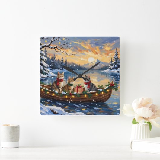 Turkish Angora Cat Christmas Boat Holiday Quadratische Wanduhr (Zuhause)