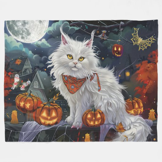 Turkish Angora Cat Halloween Spooky Fleecedecke (Vorderseite (Horizontal))