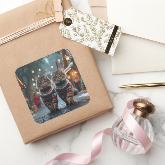 Turkish Angora Cats Christmas Snow Holiday Quadratischer Aufkleber (Schenken)