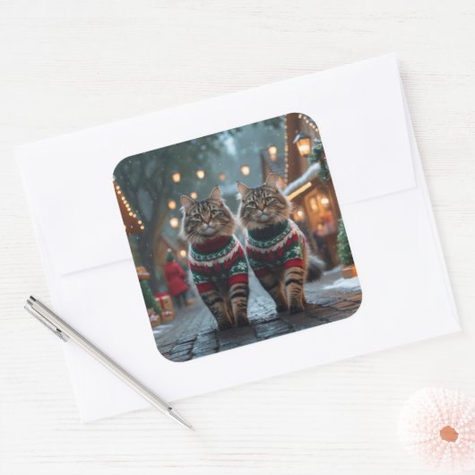 Turkish Angora Cats Christmas Snow Holiday Quadratischer Aufkleber (Umschlag)