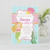 Türkisstreifen, rosa Polka Dot Blonde Meerjungfrau Einladung (Stehend Vorderseite)