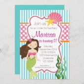 Türkisstreifen, rosa Polka Dot Brünett Mermaid Einladung (Vorne/Hinten)