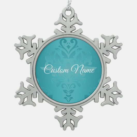 TürkisVintager Grunge-Damast-Druck Schneeflocken Zinn-Ornament (Vorderseite)