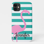 Türkisweißer Streifen Personalisiert rosa Flamingo Case-Mate iPhone Hülle (Rückseite)