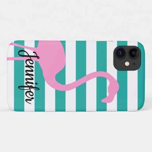 Türkisweißer Streifen Personalisiert rosa Flamingo Case-Mate iPhone Hülle (Rückseite (Horizontal))