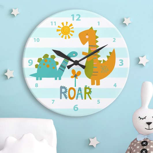 Türkquoise Dinosaur Boy Kinderzimmer Roar Kawaii N Große Wanduhr