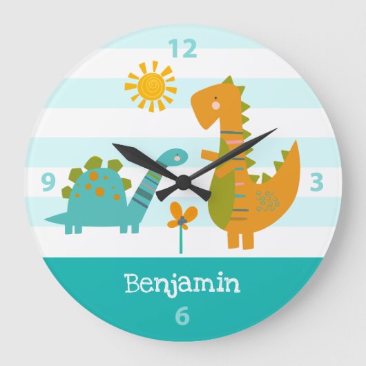 Türkquoise Dinosaur Boy Name Kinderzimmer Kawaii N Große Wanduhr (Vorderseite)