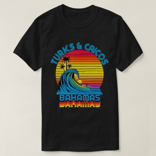 Turks & Caicos Bahamas Retro-Rücken-Surf & Beac T-Shirt (Design vorne)