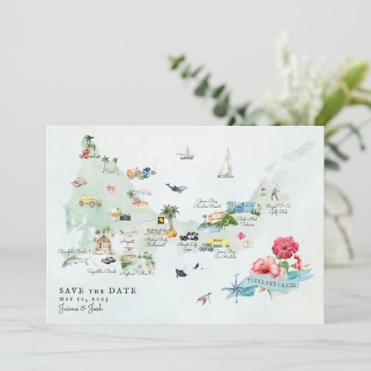 Turks & Caicos | Hochzeit in Urlaubsort Fahrplan Save The Date (Stehend Vorderseite)