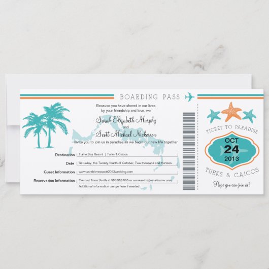 Turks & Caicos Save the Date Boarding Pass (Vorderseite)