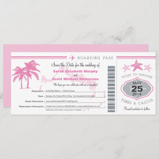 Turks & Caicos Save the Date Boarding Pass (Vorne/Hinten)