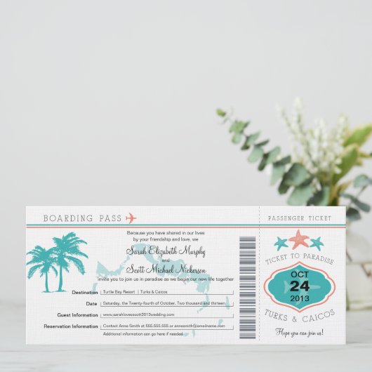 Turks & Caicos Save the Date Boarding Pass (Stehend Vorderseite)