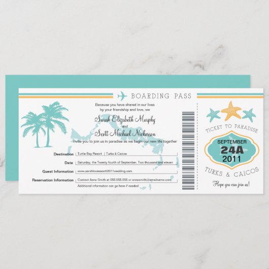 Turks & Caicos Save the Date Boarding Pass (Vorne/Hinten)