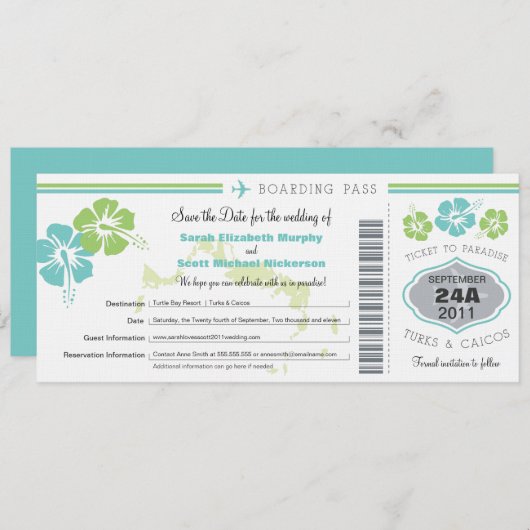 Turks- und Caico-Save the Date Boarding-Pass Save The Date (Vorne/Hinten)