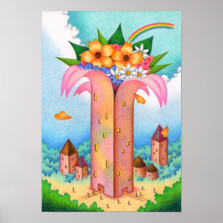 Turm aus Blumen, die im Himmel blühen. Poster