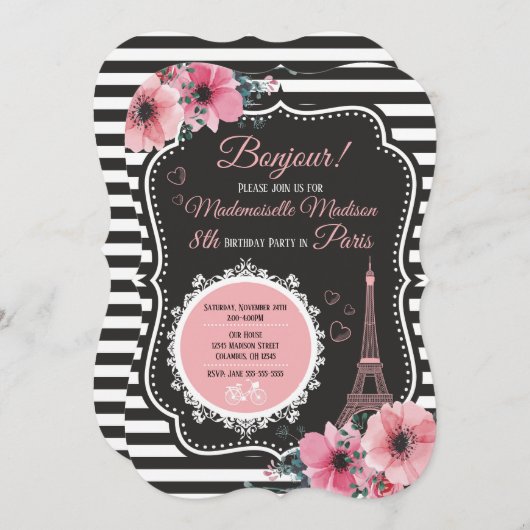 Turm-Geburtstags-Party Einladung Paris Eiffel (Vorne/Hinten)