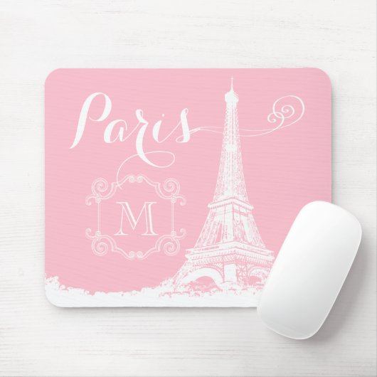 Turm-Girly rosa weißes mit Monogramm Paris Eiffel Mousepad (Mit Mouse)