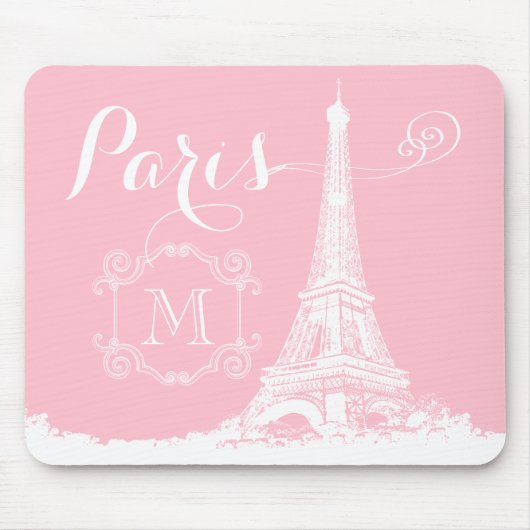 Turm-Girly rosa weißes mit Monogramm Paris Eiffel Mousepad (Vorne)