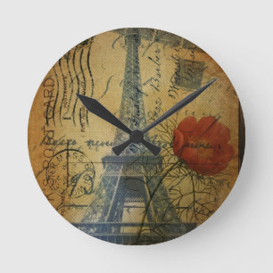 Turm-Shabby Chicmohnblumen-Blume Paris Eiffel Runde Wanduhr