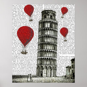 Turm von Pisa und Red Hot Air Balloons Poster