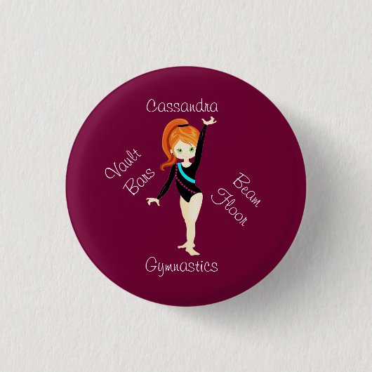 Turnerin Ginger Haar, Grüne Augen, Schwarzer Leo Button (Vorderseite)