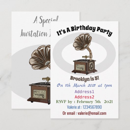 Turntable Cartoon Einladung (Vorne/Hinten)