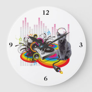 Turntable DJ Pumpin Music Cat Große Wanduhr