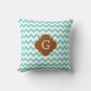 Turq / Aqua Wht Chevron Braun Vierpass-Monogramm Kissen