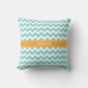 Turq / Aqua Wht Chevron Cantaloupe Name Monogram Kissen