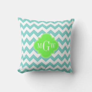 Turq / Aqua Wht Chevron Lime 3 Anfangsmonogramm Kissen