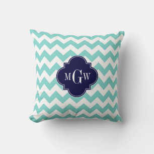 Turq / Aqua Wht Chevron Navy 3 Anfangsmonogramm Kissen