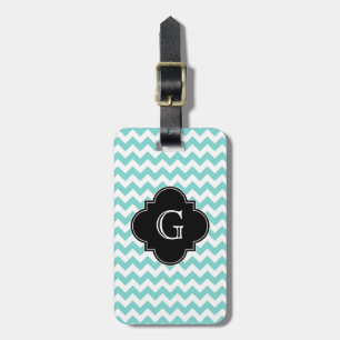 Turq / Aqua Wht Chevron Schwarz Vierpass-Monogramm Gepäckanhänger