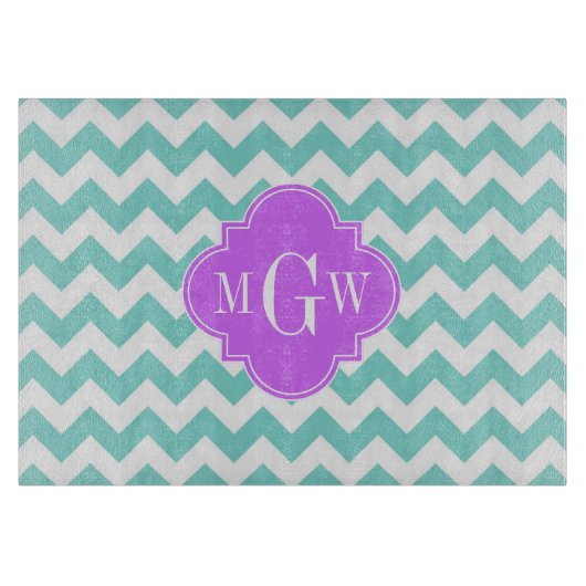 Turq / Aqua Wht Zickzack Lilac 3 Initialmonogramm Schneidebrett (Vorderseite)